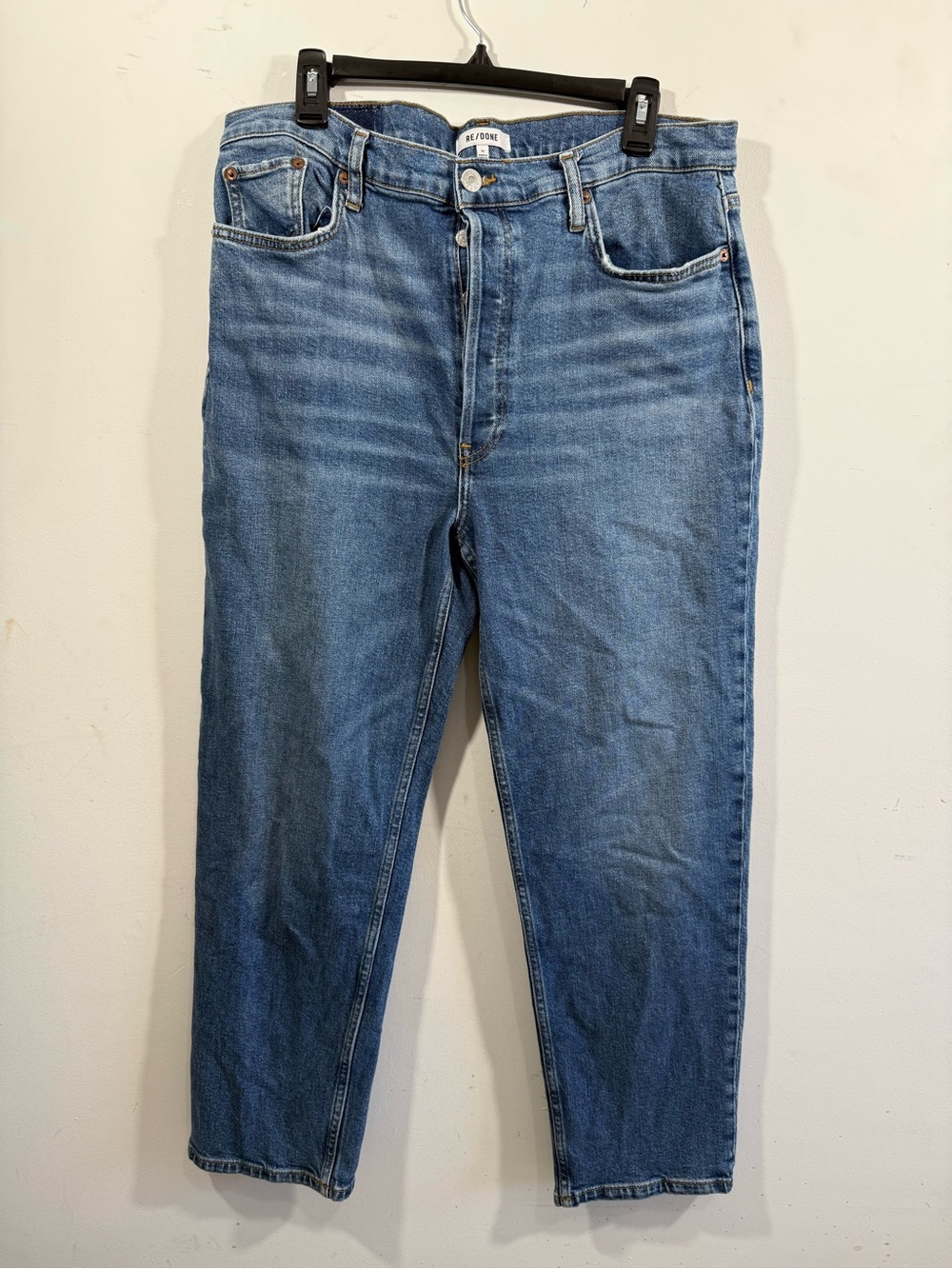Re/Done High Rise Stove Pipe 70s Straight Leg Denim Jeans Clean Dusk 32 Redone